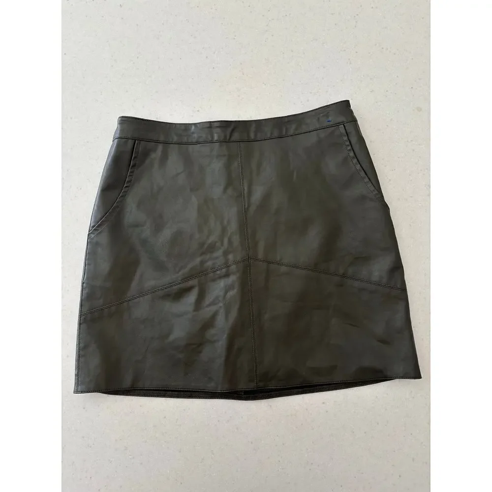 Harper Heritage Faux Leather Mini Skirt XS Olive Green A-Line Zip Back Pockets - Picture 4 of 13